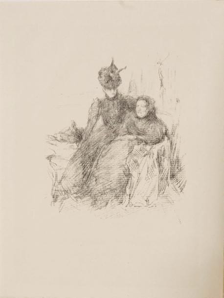James Abbott McNeill WHISTLER (1834-1903)
Mother and Daughter (la mère malade). 1897. Autographie. 160 x 185. Levy 77; Tedeschi-Stratis 174. Très belle épreuve sur japon. Quelques courts plis cassés. Toutes marges non ébarbées. Tirage à env. 200 épreuves. A. Vollard éditeur. Planche réalisée un an environ après la mort de la femme de Whistler, Beatrix. Les modèles sont sa belle-mère Frances Birnie Philip et une de ses belles-soeurs, probablement Ethel Whibley, croquées dans le salon de la maison de Whistler, rue du Bac. Provenance : succession d'Auguste Clot, imprimeur lithographe
