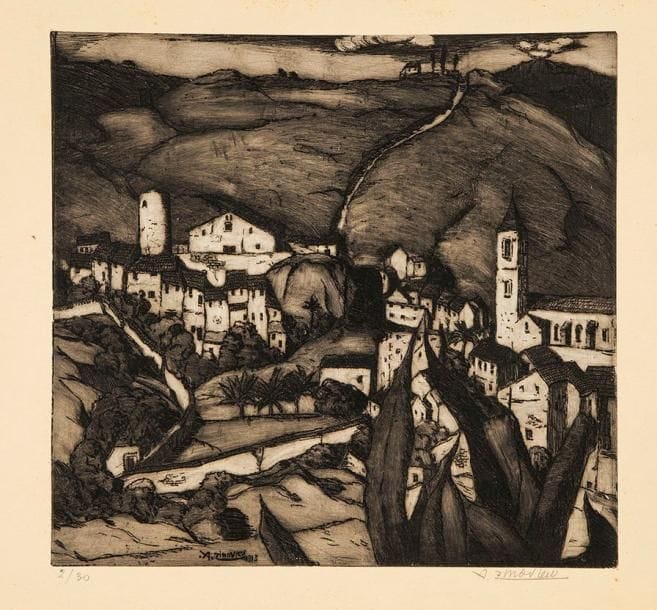 Alexandre Zinoview (russe, 1889-1977)
Un village (Espagne). 1913. Eau-forte. 300 x 281. Belle épreuve tirée en noir bistré et monotypée, numérotée et signée à la mine de plomb, doublée. Belles marges
