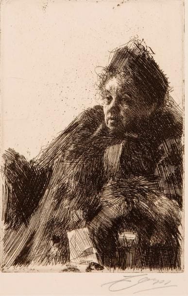 Anders Zorn (suédois, 1860-1920)
Madame Simon (II). 1891. Eau-forte. 159 x 236. Asplund 67. Très belle épreuve sur vergé, signée à la mine de plomb. Très claire trace d'oxydation à l'ouverture d'un ancien montage. Courte déchirure au bord gauche et petite épidermure associée au verso. Toutes marges