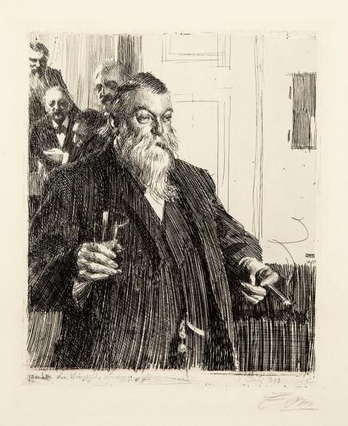 Anders Zorn (suédois, 1860-1920)
Un Toast (II). 1893. Eau-forte. 265 x 320. Asplund 80. Très belle épreuve sur vergé, soigneusement lavée et anciennement décollée (avec infimes amincissures visibles uniquement par transparence), signée à la mine de plomb. Bonnes marges (légèrement irrégulières)