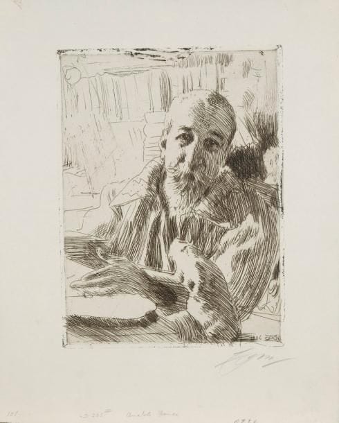 Anders Zorn (suédois, 1860-1920)
Anatole France. 1904. Eau-forte. 160 x 213. Asplund 204. Très belle épreuve sur vergé, signée à la mine de plomb. Petites traces de colle en tête au verso. Toutes marges