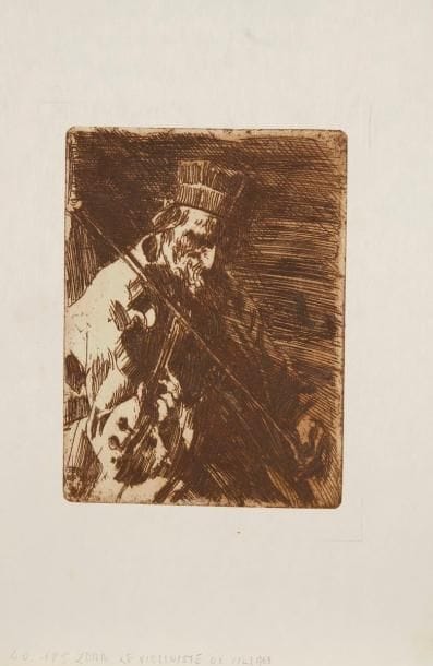 Anders Zorn (suédois, 1860-1920)
Le Violoniste de village. 1904. Eau-forte. 118 x 160. Asplund 186. Impression en brun. Très belle épreuve d'un tirage postérieur sur japon. Petites épidermures dans les angles au verso. Toutes marges