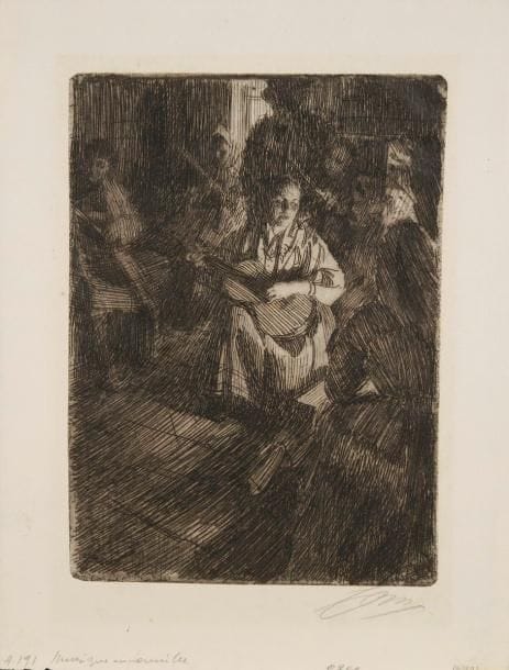 Anders Zorn (suédois, 1860-1920)
Musique en famille. 1905. Eau-forte. 176 x 245. Asplund 191. Très belle épreuve sur vergé, signée à la mine de plomb. Très claire trace d'oxydation à l'ouverture d'un ancien montage. Infimes rousseurs. Toutes marges