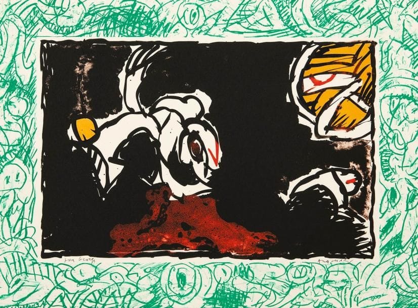 Pierre Alechinsky (belge, né en 1927)
Les Yeux paisibles. 1978. Lithographie. [630 x 470]. Impression en couleurs. Parfaite épreuve tirée pleines marges sur vélin, dédicacée et signée à la mine de plomb