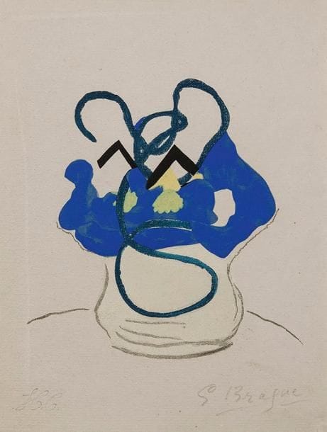 Georges BRAQUE (1882-1963)
Vase bleu. Pl. pour Apollinaire, Si je mourais là-bas, Paris, L. Broder éd., 1962. Bois gravé. 300 x 300. Vallier 181 (reprod. p. 253). Impression en couleurs. Très belle épreuve de tiré à part sur vergé gris, justifiée «H.C.» et signée à la mine de plomb. Toutes marges