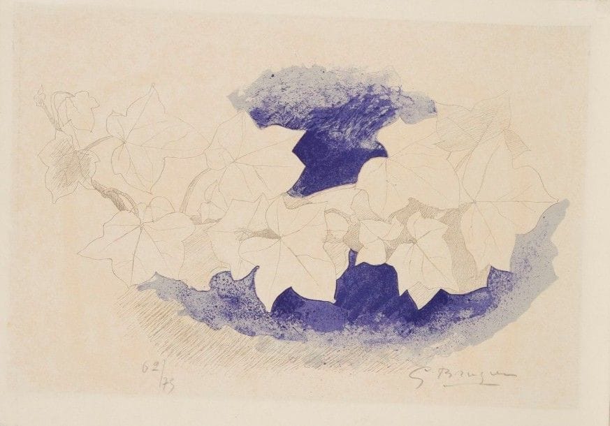 Georges BRAQUE (1882-1963)
Lierre sur fond bleu. Vers 1955. Lithographie. 335 x 195. Vallier non décrit. Impression en couleurs. Belle épreuve sur vélin, numérotée et signée à la mine de plomb. Trace claire d'oxydation à l'ouverture d'un ancien montage. Toutes marges. Tirage à 75 épreuves