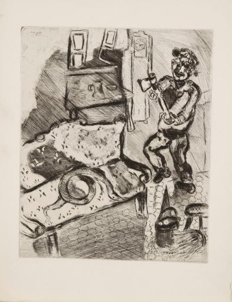 Marc CHAGALL (1887-1985)
Le Villageois et le serpent; Le Fou qui vend la sagesse. Pl. 66 et 91 des Fables de La Fontaine. Paris, Tériade éd., 1952. Eau-forte. 237 x 292. Cramer 22. Très belles épreuves sur vélin. Toutes marges. Tirage total à 200 épreuves. Ens. 2 p