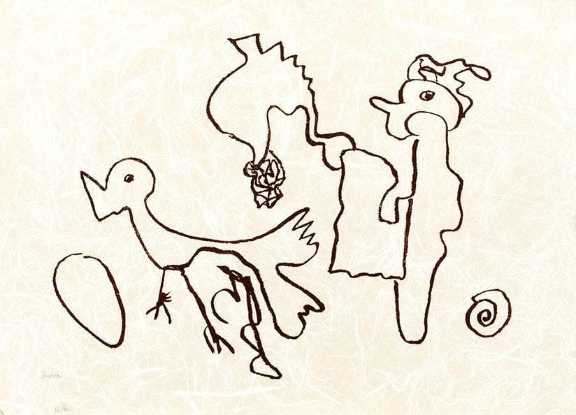 Gaston CHAISSAC (1910-1964)
Coq et poules. Lithographie. [725 x 535]. Impression en brun. Très belle épreuve sur japon fibreux appliqué sur vélin, signée et numérotée à la mine de plomb. Larges épidermures en tête au verso. Toutes marges. Tirage à 50 épreuves. Timbre sec : Il Torchio Milano