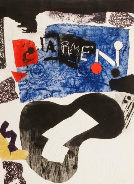 Antoni Clavé (catalan, 1913-2005)
Carmen. Gravure au carborundum. 565 x 765. Impression en couleurs. Très belle épreuve tirée pleines marges sur vélin, revêtue d'un numéro (apocryphe) et signée à la mine de plomb. Petit arrachement au bord supérieur gauche du feuillet. Pli oblique le long du bord inférieur droit. Timbre sec : Met