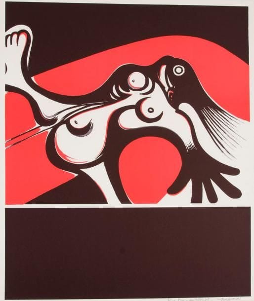 John Cristoforou (né en 1921)
Femme noire sur fond rouge. Vers 1970. Lithographie. 478 x 575. Impression en couleurs. Très belle et fraîche épreuve sur vélin, dédicacée et signée à la mine de plomb. Toutes marges