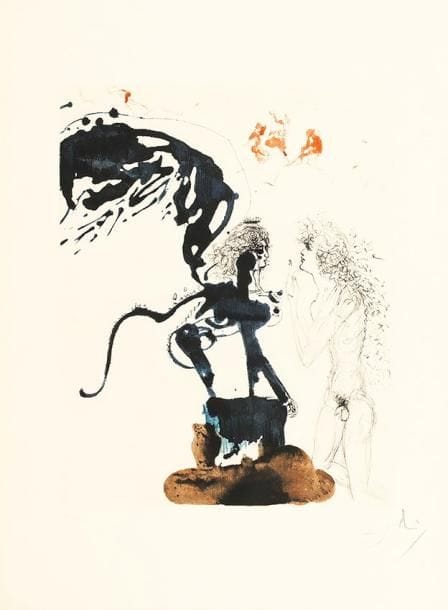 Salvador Dalí (1904-1989) (par ou d'après)
Oedipe (Mythologie, pl. 5). 1963. Héliogravure reprise à la pointe sèche par l'artiste. 395 x 500. Michler et Löpsinger 120 a. Impression en couleurs. Très belle et fraîche épreuve sur vélin filigrané «Arches», numérotée et signée à la mine de plomb. Petite tache brun clair au bord droit du feuillet au verso (invisible au recto). Toutes marges. Tirage à 150 épreuves