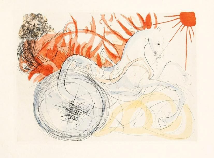 Salvador Dalí (1904-1989) (par ou d'après)
Élie. Pl. de l'album Our Historical Heritage. 1975. Pointe sèche et pochoir. 565 x 400. Impression en couleurs. Michler et Löpsinger 758. Belle épreuve sur japon nacré, non signée. Fortes épidermures marginales. Toutes marges. Tirage indéterminé