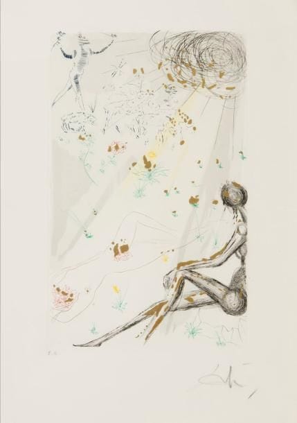 Salvador Dalí (1904-1989) (par ou d'après)
Le Berger. (Le Cantique des Cantiques, pl. 3). 1971. Gravure par David, pochoirs par Jacomet. 247 x 395. Michler et Löpsinger 470. Impression en couleurs et à l'encre bronze doré. Très belle épreuve sur vergé blanc, justifiée «E.A.» et revêtue d'une signature à la mine de plomb. Toutes marges. Tirage à 250 épreuves. Cadre