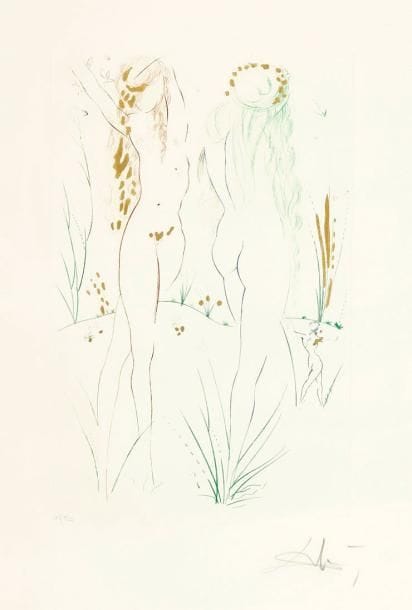 Salvador Dalí (1904-1989) (par ou d'après)
Reviens, ô Sulamite... (Le Cantique des Cantiques, pl. 12). 1971. Gravure par David, pochoirs par Jacomet. 247 x 395. Michler et Löpsinger 479. Impression en couleurs et à l'encre bronze doré. Très belle épreuve sur vergé blanc, numérotée et revêtue d'une signature à la mine de plomb. Toutes marges. Tirage à 250 épreuves. Cadre