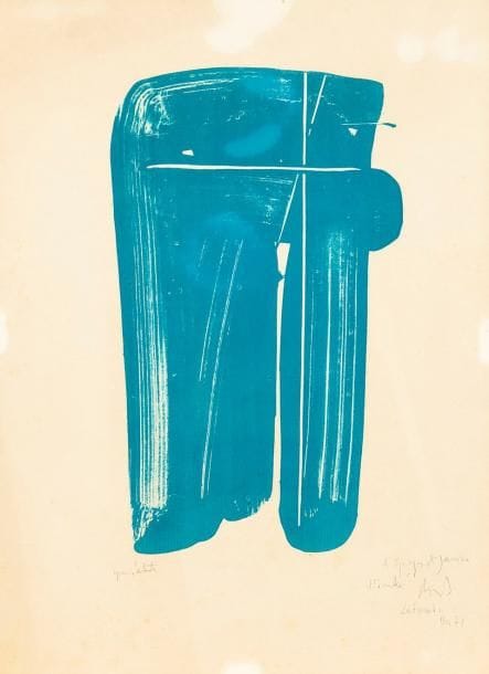 Olivier DEBRE (1920-1999)
Signe-personnage bleu turquoise. 1971. Lithographie. 260 x 395. Pernoud 353. Impression en bleu. Très belle épreuve sur vélin, justifiée «Epreuve d'artiste», dédicacée «A Georges et Janine / A l'amitié», signée, localisée et datée à la mine de plomb. Oxydation du feuillet. Une trace d'adhésif oxydée dans l'angle inférieur droit au verso. Toutes marges. Tirage définitif à 20 ou 25 épreuves