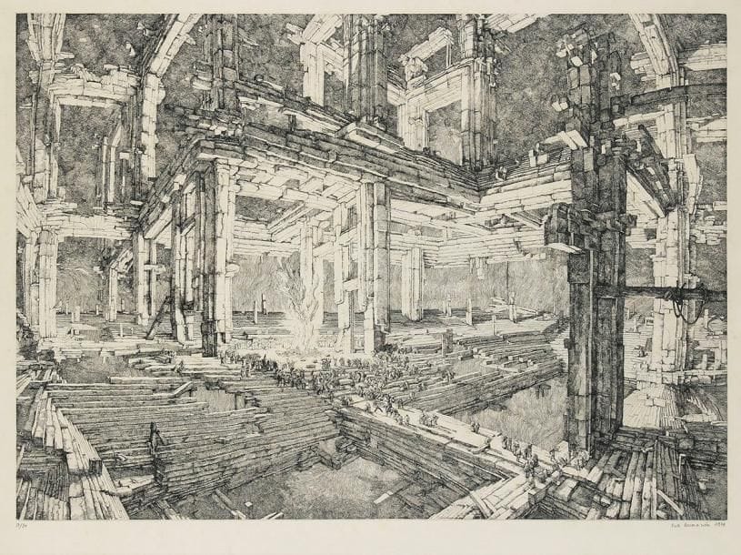 Érik DESMAZIÉRES (né en 1948)
Le Feu. 1973. Eau-forte. 675 x 475. Fitch-Febvrel 8. Belle épreuve sur vélin, légèrement oxydée, numérotée, signée et datée à la mine de plomb. Infimes rousseurs claires. Tirage à 90 épreuves. Cadre