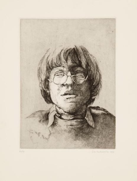Érik DESMAZIÉRES (né en 1948)
Portrait aux lunettes. 1976. Eau-forte. 177 x 237. Fitch-Febvrel 22. Très belle épreuve sur vélin, numérotée, signée et datée à la mine de plomb. Toutes marges. Tirage à 60 épreuves
