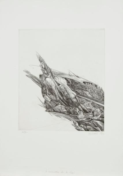 Yves Doaré (né en 1943)
La Résurrection de la chair. 1973. Burin. 225 x 268. Très belle épreuve sur vélin, numérotée, signée et datée à la mine de plomb, puis titrée en pied. Marge inférieure rempliée. Toutes marges. Tirage à 50 épreuves
