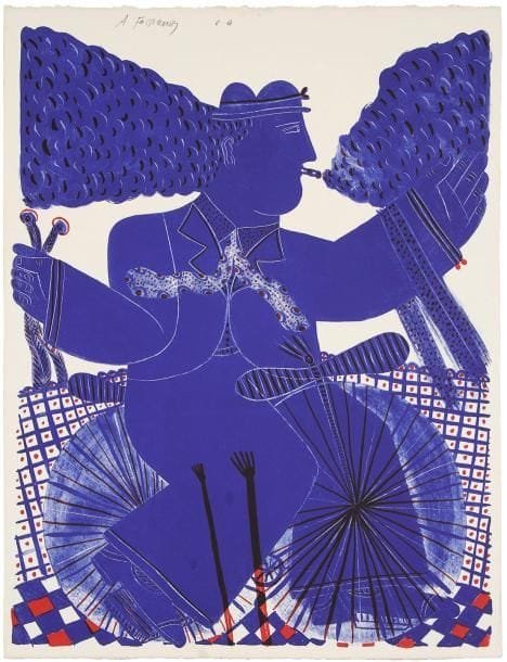 Alexandre Fassianos (grec, né en 1935)
Fumeur bleu à vélo. Vers 1976. Lithographie. 480 x 625. Impression en couleurs. Très belle épreuve sur vélin, signée et justifiée «e.a.» à la mine de plomb en tête. Toutes marges
