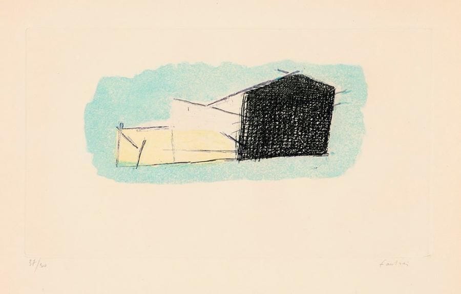 Jean FAUTRIER (1898-1964)
Les Boîtes en métal. 1947. Eau-forte et aquatinte. 342 x 195. Mason 248. Impression en couleurs. Très belle épreuve sur vergé, légèrement oxydée, numérotée et signée à la mine de plomb. Toutes marges. Tirage à 50 épreuves. Éd. Couturier