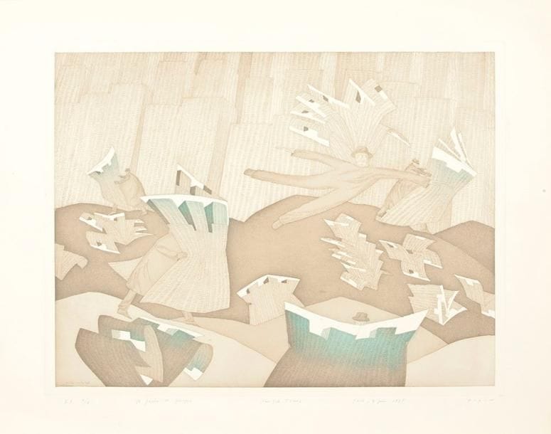 Jean-Michel Folon (1934-2005)
New York Times. 1974. Eau-forte et aquatinte. 492 x 375. Impression en couleurs. Très belle épreuve sur vélin, justifiée «E A» et numérotée en chiffres romains, titrée, datée et signée à la mine de plomb. Traces de plis dans l'angle supérieur droit. Toutes marges