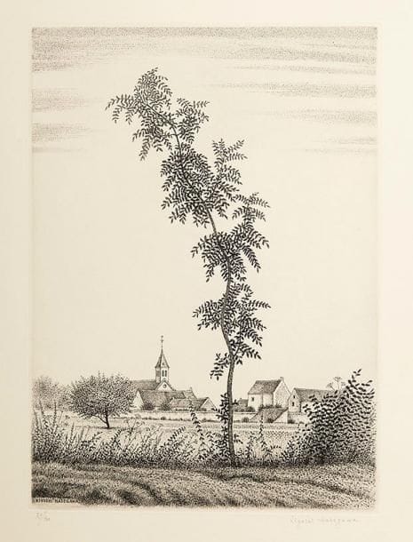 Kiyoshi Hasegawa (1891-1980)
Un arbre et église de village. 1959. Eau-forte. 240 x 332. Reifushobo 313. Parfaite épreuve sur vélin, numérotée et signée à la mine de plomb. Toutes marges. Tirage à 100 épreuves. Timbre sec : Société des Peintres-Graveurs Français (Lugt 1195a)