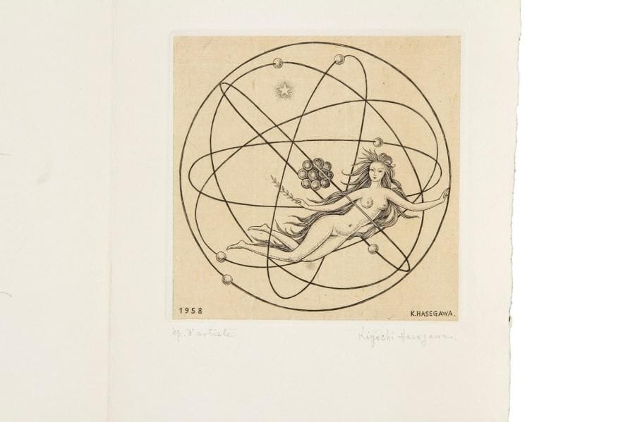 Kiyoshi Hasegawa (1891-1980)
L’Âge atomique et la paix. 1958. Burin.  90 x 90.  Reifushobo 625. Très belle épreuve sur bulle appliqué, tirée en carte de vœux, annotée à la mine de plomb « ép. d’artiste » et signée à la mine de plomb, puis annotée sur le dernier volet : « Nos remerciements et meilleurs vœux pour le nouvel an » et signée de nouveau.