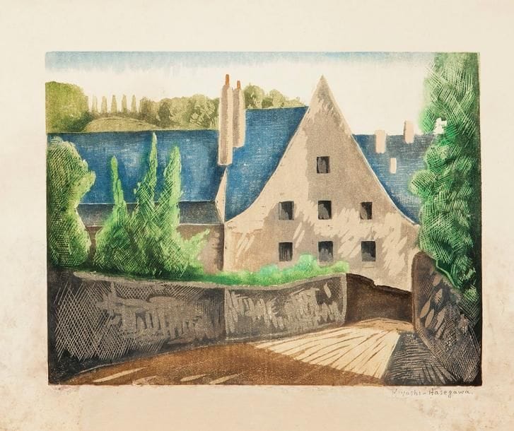 Kiyoshi Hasegawa (1891-1980)
Vieille maison à Quimperlé. 1922. Bois gravé. 265 x 202.  Reifushobo 94. Impression en couleurs. Bonne épreuve sur japon, numérotée et signée à la mine de plomb (la numérotation presque effacée), fortement restaurée (avec traces persistantes d’eaux usées dans les bonnes marges). Tirage à 15 épreuves.