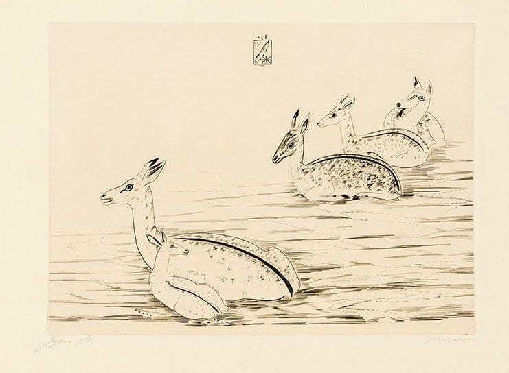Joseph HECHT (1891-1951)
Cerfs indochinois I. 1950. Burin. 348 x 255. Plumart, Tonneau-Ryckelynck 370. Très belle et fraîche épreuve, l'une des 4 sur japon, annotée et signée à la mine de plomb. Toutes marges. Tirage définitif à 200 épreuves pour la Guilde de la Gravure