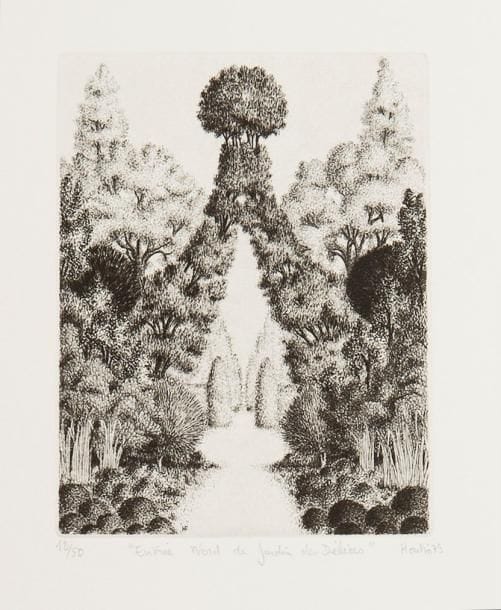 François HOUTIN (né en 1950)
Entrée Nord du Jardin des Délices. 1979. Eau-forte. 88 x 118. Parfaite épreuve sur vélin, numérotée, titrée, signée et datée à la mine de plomb. Toutes marges. Tirage à 50 épreuves