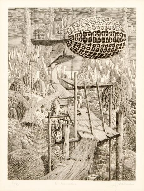 Alain JEANNE (né en 1945)
Embarcadère. Vers 1970-1980. Burin. 225 x 305. Belle épreuve sur vélin, légèrement oxydée, numérotée, titrée et signée à la mine de plomb. Marges. Tirage à 75 épreuves. Cadre