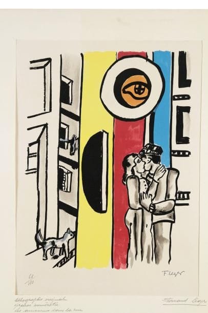 Fernand Léger (1881-1955) (d'après)
Les Amoureux dans la rue. Pl. pour La Ville, Paris, Tériade éd., 1959. Lithographie (des presses de Mourlot). 355 x 490. Saphire p. 238. Impression en couleurs. Très belle et fraîche épreuve numérotée à la mine de plomb. Toutes marges. Tirage à 180 épreuves