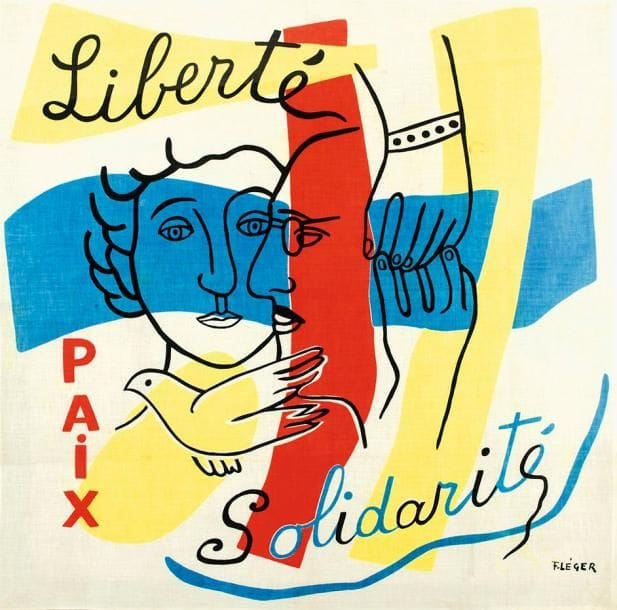 Fernand Léger (1881-1955) (d'après)
Foulard Liberté Paix Solidarité (portrait des époux Rosenberg). Vers 1960. Sérigraphie en couleurs sur coton. 755 x 775. Exemplaire très frais. Cadre