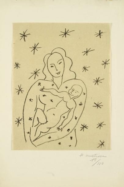 Henri MATISSE (1869-1954)
Vierge et Enfant sur fond étoilé. 1950-1951. Lithographie. 240 x 305. Duthuit-Garnaud 647. Belle épreuve sur japon vergé mince appliqué (largement décollé et refixé par points de colle), numérotée et signée à la mine de plomb sur le support de vélin. Traces de plis épars. Toutes marges. Tirage à 100 épreuves