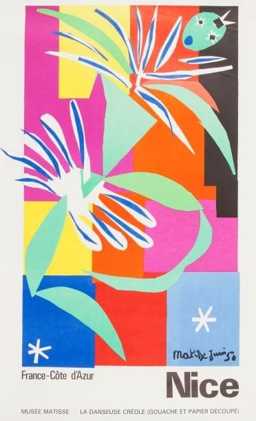 Henri Matisse (1869-1954) (d'après)
France-Côte d'Azur Nice, Musée Matisse, La Danseuse Créole. 1965. Lithographie par Mourlot d'après une gouache et papier découpé de 1950. 625 x 985. Impression en couleurs. Belle épreuve sur vélin. Nombreux courts plis cassés, essentiellement aux bords du feuillet. Toutes marges