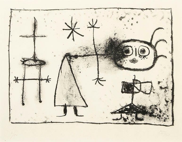Joan MIRO (1893-1983)
Jeune fille. 1948. Lithographie. 368 x 265. Mourlot 62. Très belle épreuve sur vélin, numérotée et signée à la mine de plomb. Trace claire d'oxydation sous le passe-partout. Toutes marges. Tirage à 50 épreuves. Cadre. Provenance : ancienne collection «Boss Star» (Sam Stern Collection, Washington D.C.)