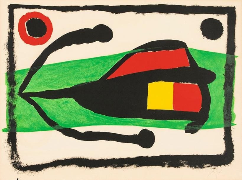Joan MIRO (1893-1983)
Altamira. 1958. Lithographie. 605 x 430. Mourlot 186. Impression en couleurs. Belle épreuve sur vélin filigrané «Arches», justifiée «H C» et signée à la mine de plomb. Trace claire d'oxydation à l'ouverture d'un ancien montage. Petit manque aux bords du feuillet, affectant la justification. Toutes marges. Tirage définitif à 75 épreuves