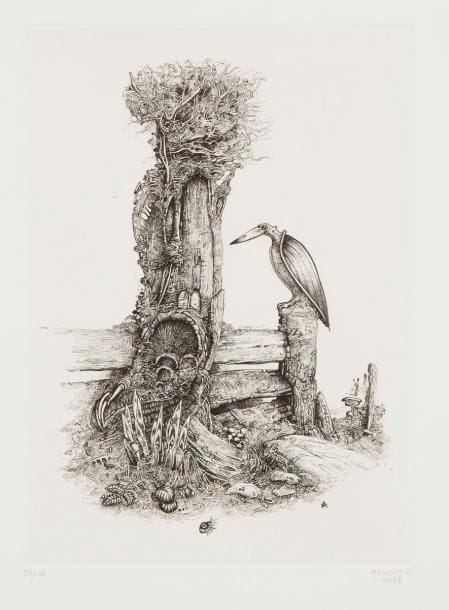 Philippe MOHLITZ (né en 1941)
La Menace. 1988. Burin. 148 x 205. Parfaite épreuve sur vélin blanc, numérotée, titrée, signée et datée à la mine de plomb. Toutes marges. Tirage à 100 épreuves