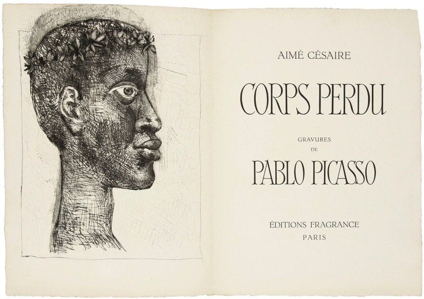 Pablo Picasso (1881-1973)
Nègre, nègre, nègre... (Portrait d'Aimé Césaire lauré). Frontispice pour Aimé Césaire, Corps perdu, Gravures de Pablo Picasso, Paris, éd. Fragrance, 1950. Eau-forte et pointe sèche. [285 x 390]. Bloch 633; Baer 841; Cramer 56. Très belle épreuve sur double feuillet de vélin avec texte typographié (provenant du livre). Rousseurs claires et légère oxydation. Tirage à 219 épreuves