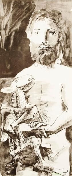 Pablo PICASSO (1881-1973) (d'après)
L'Homme au mouton. 1967. Lithographie (procédé Jacomet). [405 x 960]. Parfaite épreuve sur vélin crème, la signature imprimée en vert au pochoir, du tirage à part pour l'ouvrage La Flûte double, Au Vent d'Arles éd., Paris. Toutes marges