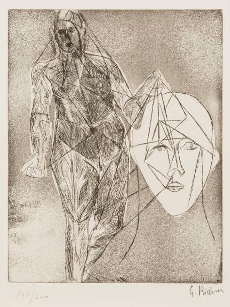 GERMAINE RICHIER (1902-1959)
Salomé et la tête de Jean. Vers 1960. Eau-forte et aquatinte. 195 x 247. Parfaite épreuve sur vélin, numérotée et signée à la mine de plomb. Toutes marges. Tirage à 220 épreuves. Timbre sec : Guilde de la Gravure (Lugt non décrit)