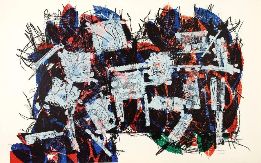 Jean-Paul Riopelle (canadien, 1923-2002)
Feuilles VII. 1967. Lithographie. 1080 x 730. Impression en couleurs. Très belle épreuve sur vélin, justifiée «H.C.» et signée à la mine de plomb. Court pli cassé dans l'angle inférieur droit. Toutes marges. Tirage à 75 épreuves