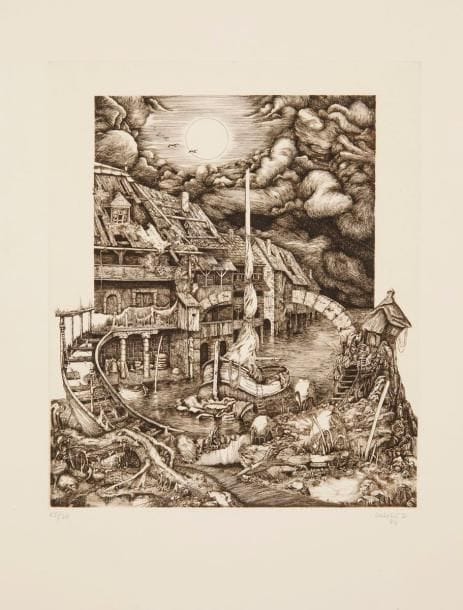 Dominique SOSOLIC (né en 1950)
Nature morte à la voile. 1974. Burin. 273 x 335. Très belle épreuve sur vélin, numérotée, signée et datée à la mine de plomb, puis titrée en pied. Toutes marges. Tirage à 70 épreuves