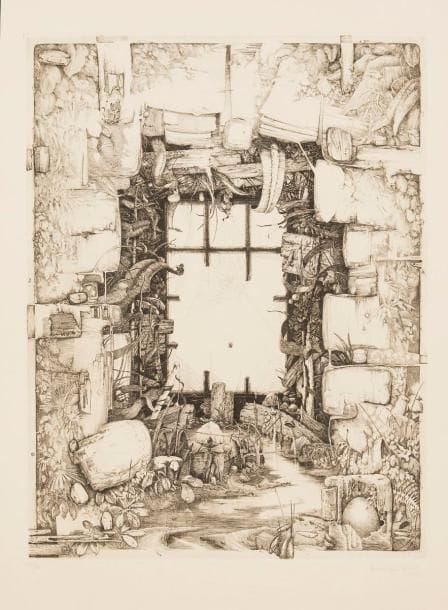 Dominique SOSOLIC (né en 1950)
La Chute d'un rêve. 1976. Burin. 395 x 496. Belle épreuve sur vélin, numérotée, signée et datée à la mine de plomb, puis titrée en pied. Traces d'oxydation, notamment à l'ouverture d'un ancien montage. Toutes marges. Tirage à 90 épreuves