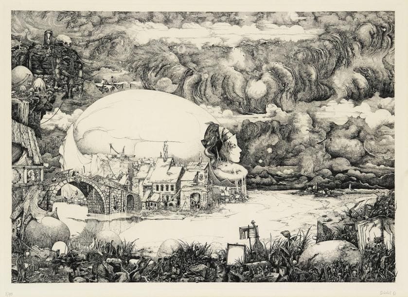 Dominique SOSOLIC (né en 1950)
Grand paysage surréaliste. Vers 1975. Burin. 540 x 395. Très belle épreuve sur vélin, numérotée et signée à la mine de plomb. Oxydation sous le passe-partout. Marges. Tirage à 90 épreuves. Cadre