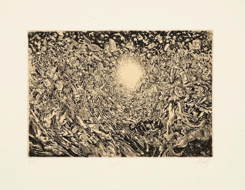 Jean-Pierre Velly (1943-1990)
Enfin. Eau-forte. 248 x 170. Très belle épreuve sur bulle appliqué, numérotée, titrée et signée à la mine de plomb. Petite tache claire au bord supérieur du feuillet. Toutes marges. Tirage à 60 épreuves