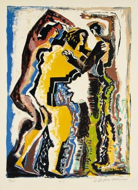 Ossip ZADKINE (1890-1967)
Personnages. 1957. Lithographie. 425x 585. Czwiklitzer 88. Impression en couleurs. Très belle épreuve sur vélin, numérotée et signée à la mine de plomb. Toutes marges. Tirage à 220 épreuves. Timbre sec : Guilde de la Gravure
