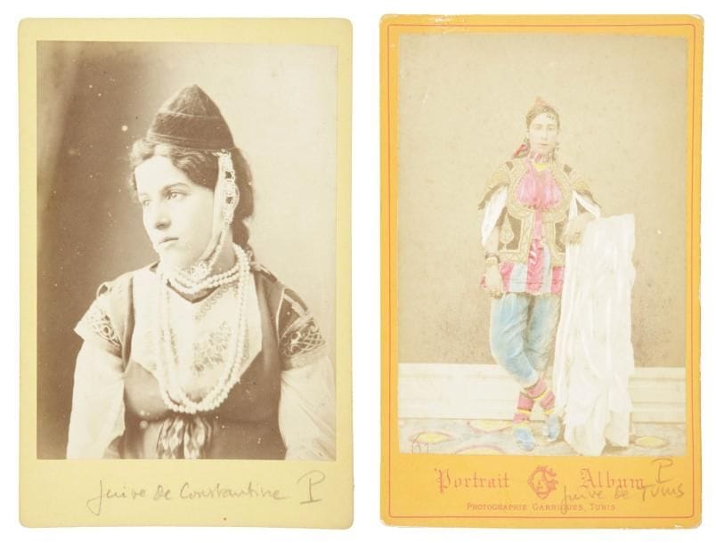 [PORTRAITS DE JUIVES] Deux tirages albuminés contrecollés sur carton fort représentant pour l'un, une juive de Tunis et pour l'autre une Juive de Constantine. La photographie de la Juive de Tunis est éditée par Garrigues et rehaussée de couleur à la main. 13,5 x 9,5 cm