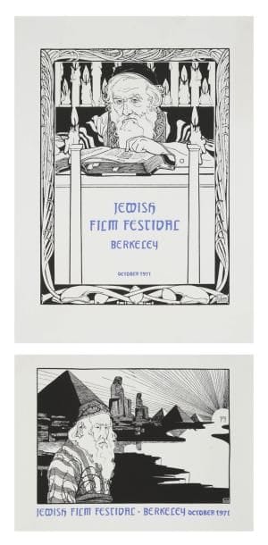 LILIEN Ephraïm Moses (1874-1925)
Jewish Film Festival Berckley, octobre 1971. Ensemble de deux affiches reprenant des illustrations en noir et blanc du peintre Ephraïm Moses LILIEN et pour la seconde une gravure nommée Passah et provenant de Juda Gesange, Berkin, 1900. Bon état. 57 x 42 cm et 42 x 60 cm