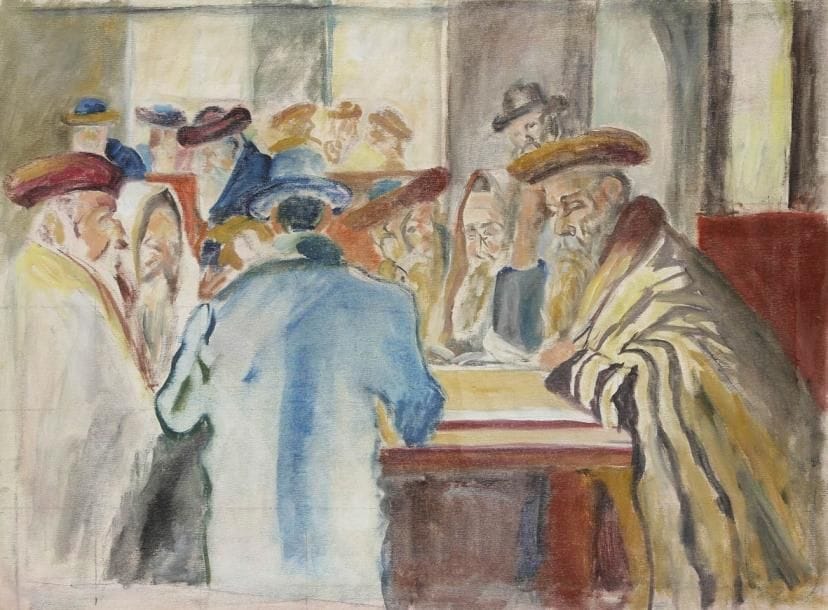 Ecole Moderne
Juifs à l'étude Huile sur toile. Non signée. 60 x 81 cm